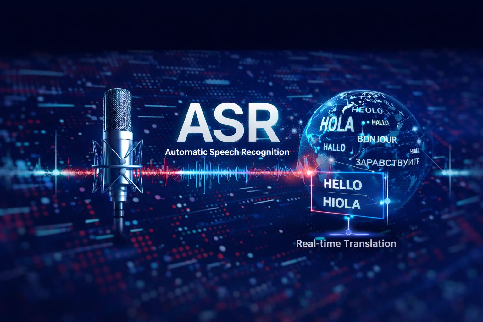 Real-time speech transcription and live translation system with microphone, waveform audio signal and multilingual globe interface