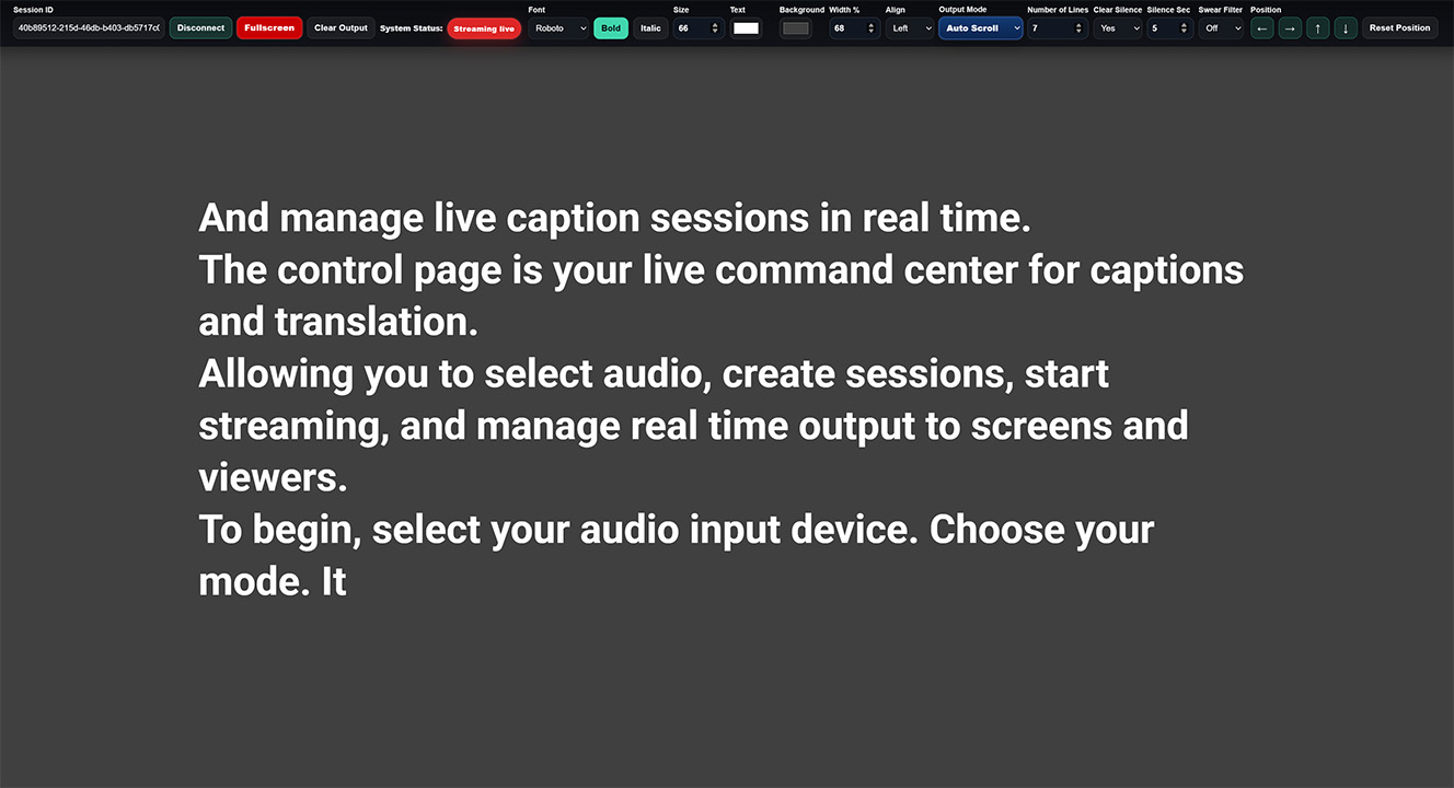 ASR Program Output page displaying live captions with layout, styling, and positioning controls