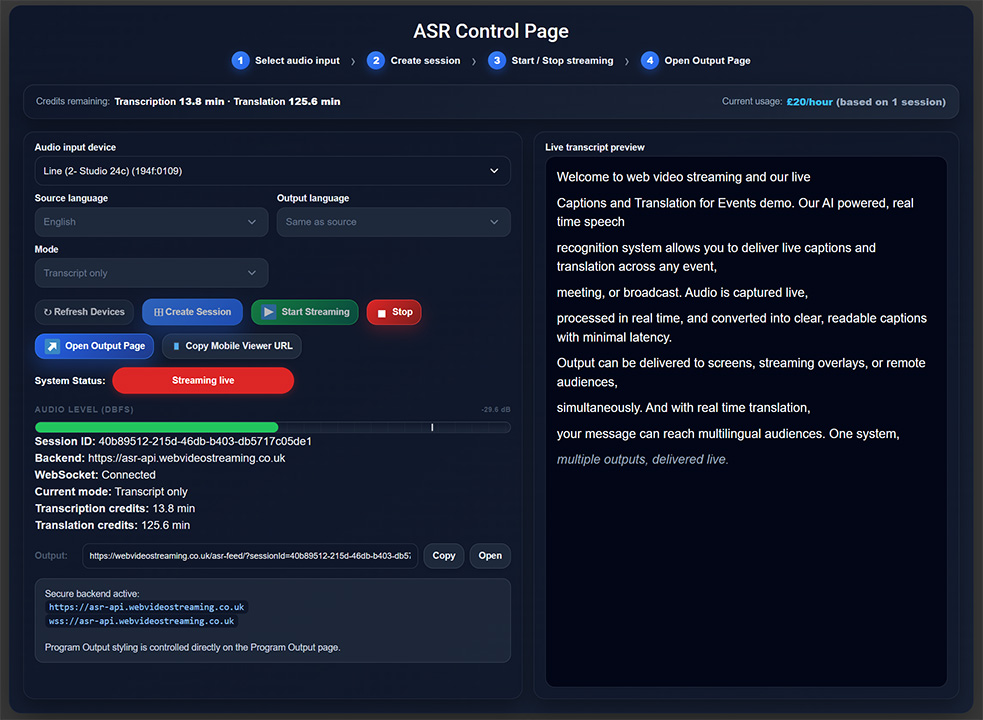 ASR Control Page interface showing audio selection, session controls, and live caption and translation settings
