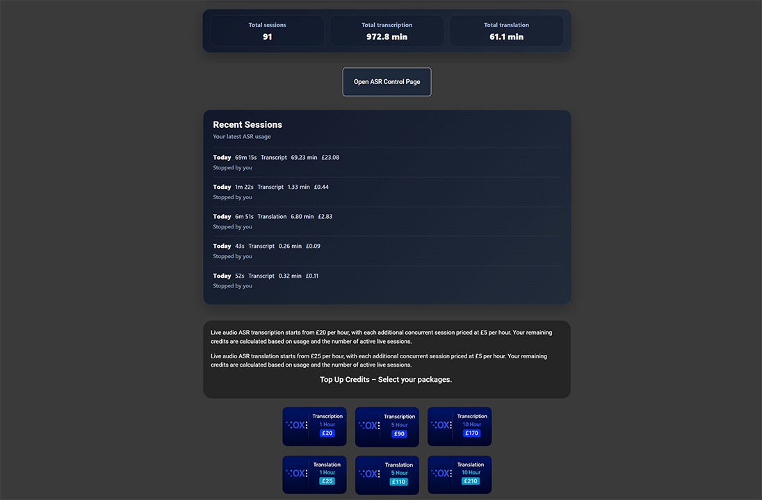 ASR My Account Dashboard – Credits and Session Overview