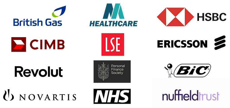 Client logos including British Gas, NHS, HSBC, LSE, Ericsson, Revolut, Novartis and other organisations